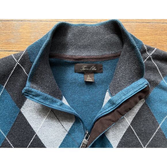 TASSO ELBA Blue 1/4 Zip Cotton Argyle Pullover Sweater sz Large - Picture 4 of 8